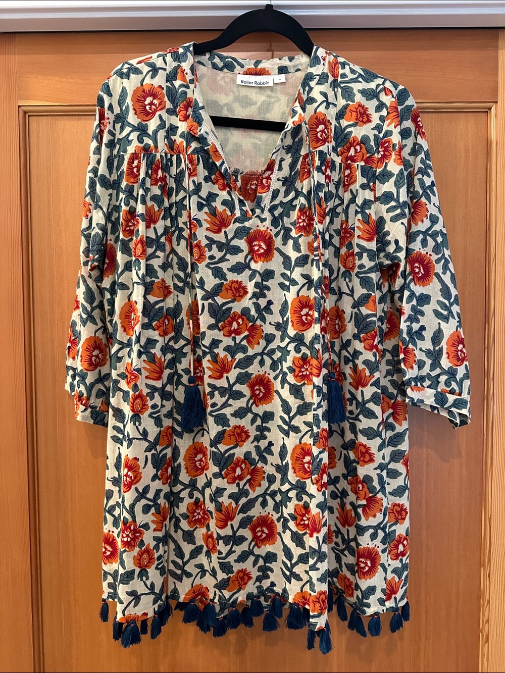 Roller Rabbit Cream Tunic with Orange Floral & Teal Tassels